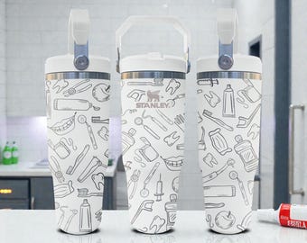 歯科医の刻印入りスタンレー フリップストロータンブラー – フロストホワイト – 歯科用ツール柄 – 20オンス 30オンス 40オンス ステンレスカップ