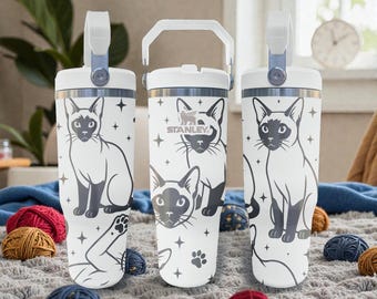 Siamese Cat Engraved Stanley Flip Straw Tumbler – Frost White – Elegant Cat Aesthetic – 20oz 30oz 40oz Stainless Cup