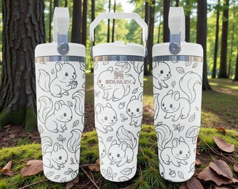 Squirrel Engraved Stanley Flip Straw Tumbler – Frost White – Woodland Forest Charm – 20oz 30oz 40oz Stainless Cup