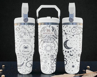 Krebs Gravur Stanley Flip Strohbecher - Frost Weiß - Sternzeichen Celestial Design - 20oz 30oz 40oz