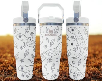 Gegraveerde hagedisbeker – schattige gekkokop met bladeren en natuurpatroon – Frost Flip Rietje 20 oz 30 oz 40 oz