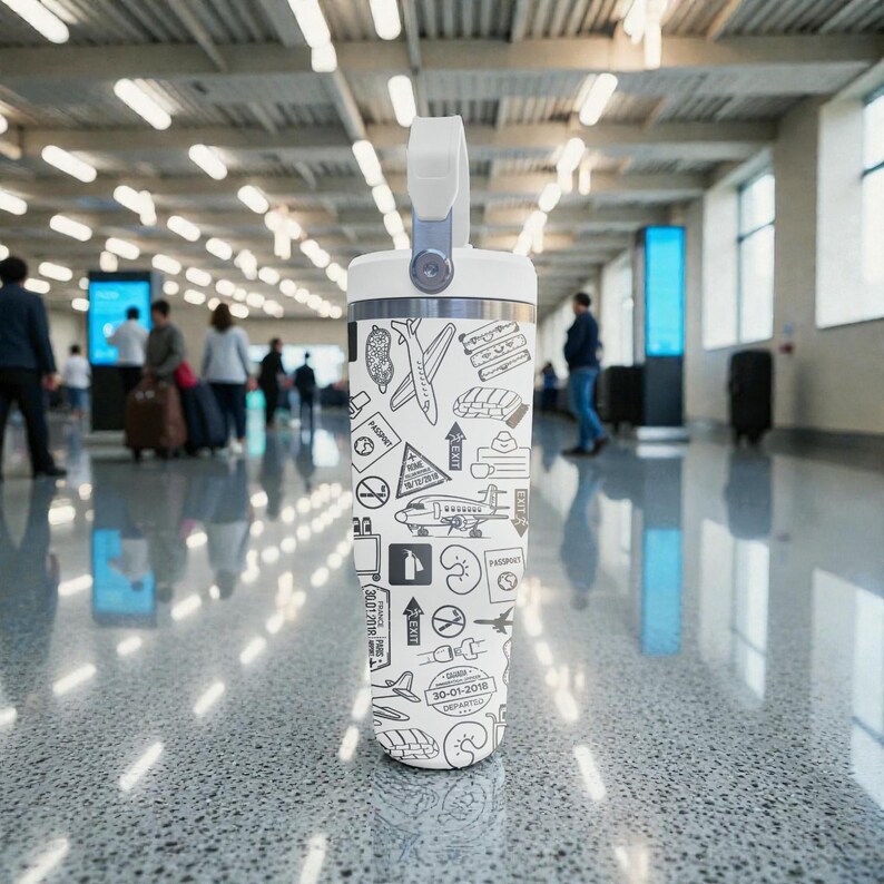 Puede incluir: Un termo de viaje blanco con asa y tapa plateadas. El termo est&aacute; decorado con dibujos lineales negros de aviones, pasaportes y equipaje. La fecha "30-01-2018 DEPARTED" est&aacute; impresa en el termo.