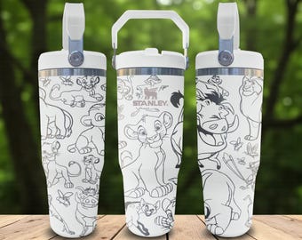 Vaso con pajita abatible con grabado del Rey León – Blanco hielo – Diseño de aventura safari – Taza de acero inoxidable de 20 oz, 30 oz y 40 oz