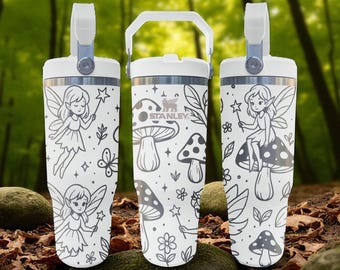 Vaso con diseño de hadas grabado – Taza con temática de bosque fantástico y setas – 20 oz, 30 oz, 40 oz con pajita abatible