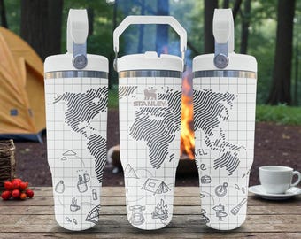 World Map Engraved Stanley Flip Straw Tumbler – Frost White – Travel Adventure Design – 20oz 30oz 40oz Stainless Cup