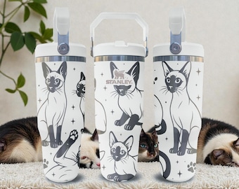 Siamese Cat Engraved Stanley Flip Straw Tumbler – Frost White – Elegant Feline Design – 20oz 30oz 40oz