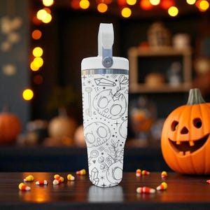 Cute Skulls Floral Tumbler – Engraved Halloween Flip Straw Cup – 20oz 30oz 40oz Stanley Style image 3