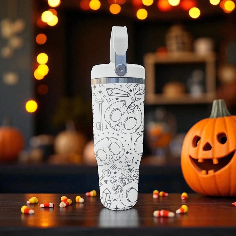 Cute Skulls Floral Tumbler – Engraved Halloween Flip Straw Cup – 20oz 30oz 40oz Stanley Style image 3