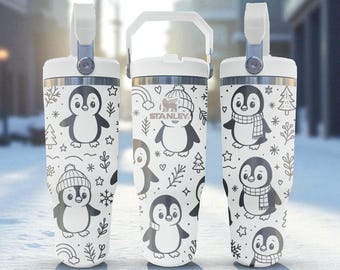 Cute Penguin Flip Straw Tumbler – Frost White – Winter Engraved Cup – 20oz 30oz 40oz