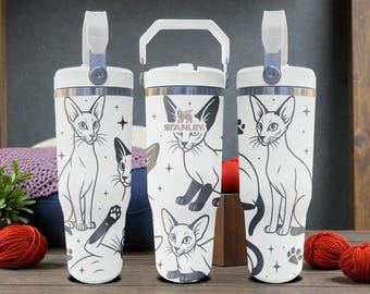 Siamese Cat Engraved Stanley Flip Straw Tumbler – Frost White – Elegant Feline Art – 20oz 30oz 40oz Stainless Cup