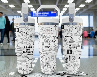 Travel Engraved Stanley Flip Straw Tumbler – Frost White – Airport Adventure Theme – 20oz 30oz 40oz Stainless Cup