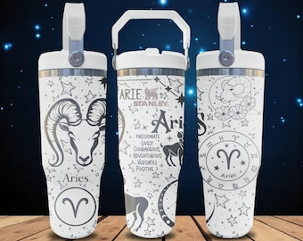 Copo térmico do signo de Áries – Copo com canudo retrátil gravado – Presente para o signo de Fogo – 591 ml, 887 ml, 1183 ml