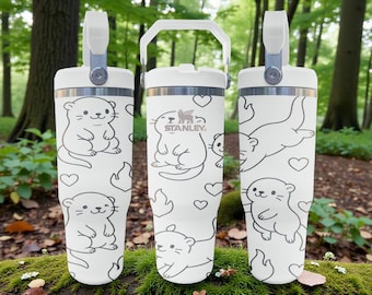 Otter gravierte Stanley Flip Strohbecher - Frostweiß - Süßes Walddesign - 20oz 30oz 40oz Edelstahlbecher