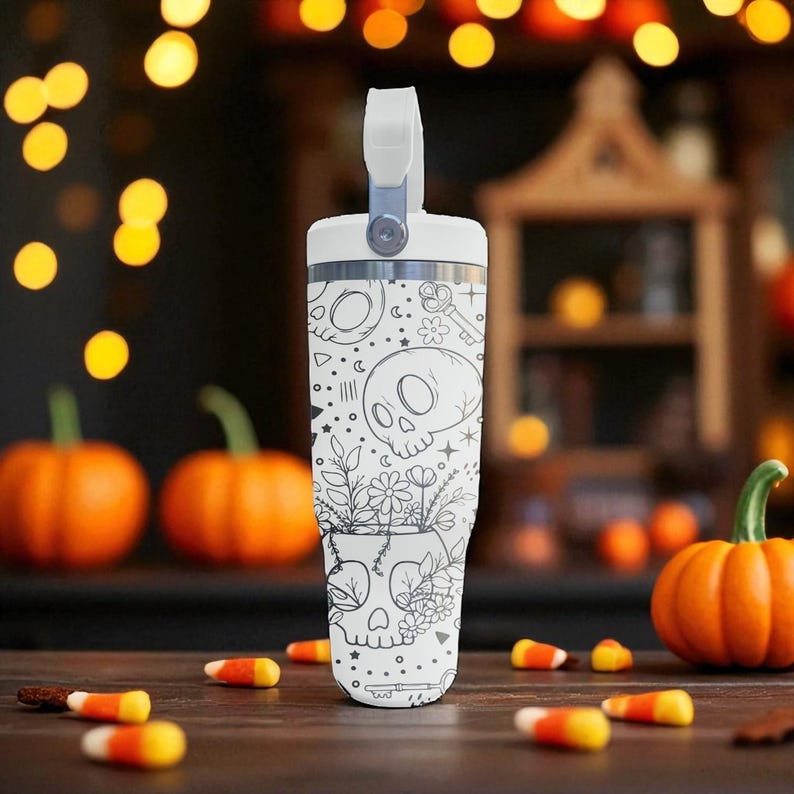 Cute Skulls Floral Tumbler – Engraved Halloween Flip Straw Cup – 20oz 30oz 40oz Stanley Style image 5