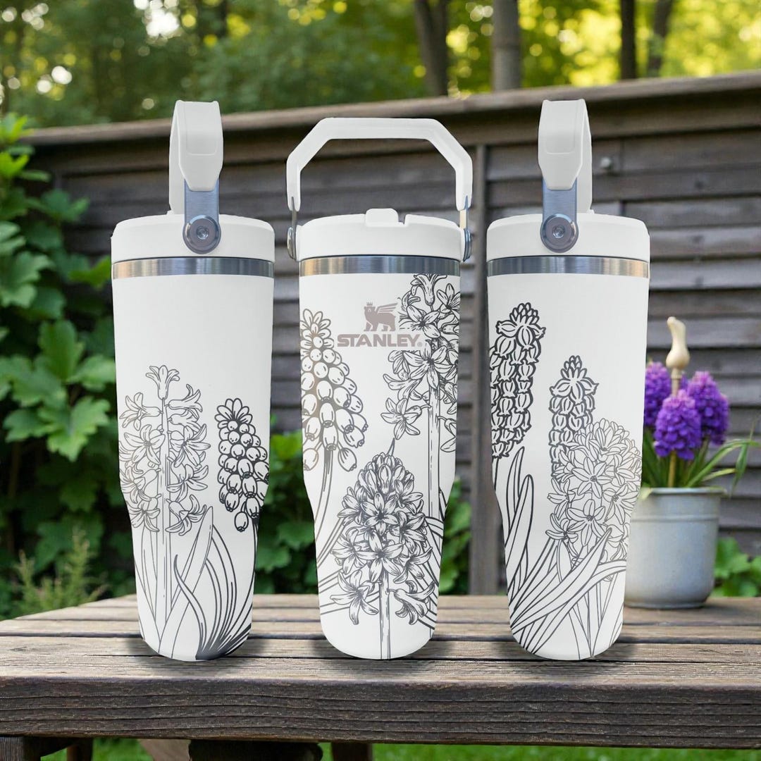Hyacinth Floral Engraved Stanley Flip Straw Tumbler – Frost White
