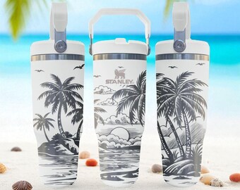 Palm Tree Beach Engraved Tumbler – Flip Straw Sunset Cup – 20oz 30oz 40oz Coastal Gift