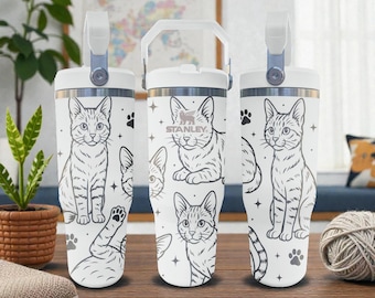 Vaso Stanley con pajita y grabado de gato atigrado, color blanco escarcha, con un bonito diseño felino, de acero inoxidable de 20, 30 y 40 oz.