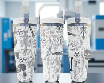 Bicchiere termico con cannuccia a forma di scheletro per radiologia – Regalo personalizzato per tecnici medici – Tazza con ossa per Halloween – 20 oz 30 oz 40 oz