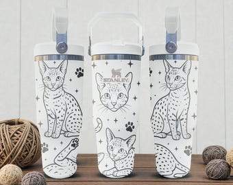 Spotted Cat Engraved Stanley Flip Straw Tumbler – Frost White – Elegant Pet Aesthetic – 20oz 30oz 40oz Stainless Cup