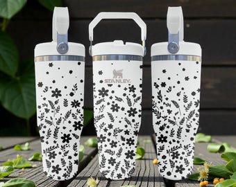 Bloemengegraveerde Stanley-beker met rietje – Frost White – Minimal Wildflower Design – 20oz 30oz 40oz roestvrijstalen beker