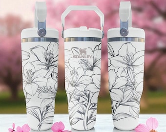 Engraved Lily Flower Tumbler – Elegant Floral Cup with Blooming Petals – Frost Flip Straw 20oz 30oz 40oz