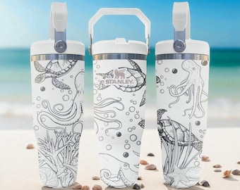 Gravierte Oktopus und Meeresschildkröte Becher - Frost Flip Strohflasche - Ocean Animal Design Geschenk - 20 Unzen 30 Unzen 40 Unzen