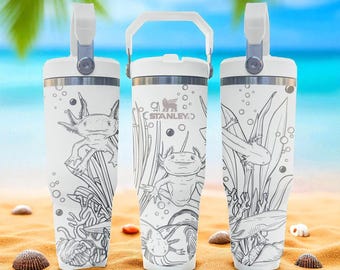 Realistic Axolotl Tumbler – Engraved Flip Straw Cup – Nature Ocean Gift – 20oz 30oz 40oz