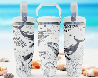 Gegraveerde bultrugbeker – Ocean Sea Life-beker met walvissen en koraal – Frost Flip-rietje 20 oz 30 oz 40 oz