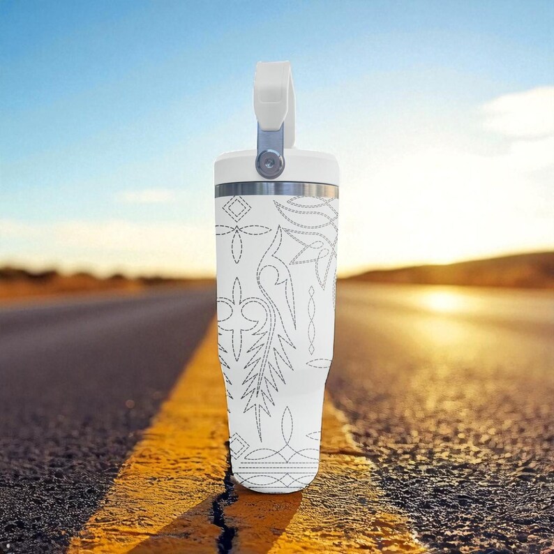 Western Boot Stitch Engraved Flip Straw Tumbler – Frost White – Country Cowgirl Style – 20oz 30oz 40oz Stainless Steel image 6