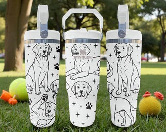 Gobelet avec paille Stanley gravé Labrador - Blanc givré - Design pour amoureux des chiens - Gobelet en acier inoxydable 20 oz 30 oz 40 oz
