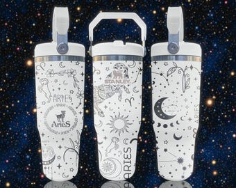 Aries gegraveerde Stanley beker met rietje – Frost White – Zodiac Celestial Design – 20 oz 30 oz 40 oz
