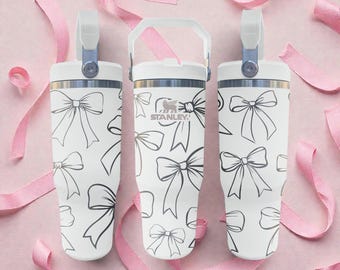 Bow Engraved Stanley Flip Straw Tumbler – Frost White – Coquette Ribbon Design – 20oz 30oz 40oz