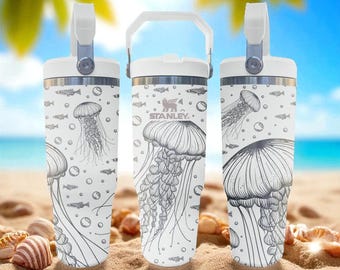 Beker met gegraveerde kwal – Oceaan- en zeedierenbeker met onderwater Medusa-design – Frost Flip-rietje 20oz 30oz 40oz