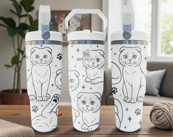 Cute Cat Engraved Stanley Flip Straw Tumbler – Frost White – Playful Kitty Design – 20oz 30oz 40oz