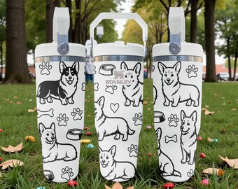 Stanley Flip Trinkbecher mit Corgi-Gravur – Frostweiß – Süßes Geschenk für Hundeliebhaber – 20oz, 30oz, 40oz Edelstahlbecher