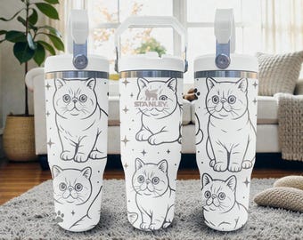 Siamese Cat Engraved Stanley Flip Straw Tumbler – Frost White – Elegant Cat Art – 20oz 30oz 40oz Stainless Cup