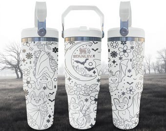 Floral Bat Tumbler – Engraved Flip Straw Cup – Spooky Cute Gift – 20oz 30oz 40oz