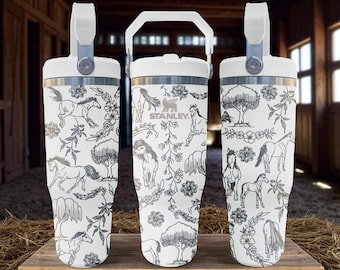 Engraved Horses Tumbler – Equestrian Cup with Running Horses and Floral Design – Frost Flip Straw 20oz 30oz 40oz