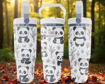 Engraved Panda Tumbler – Frost Flip Straw Bottle – Cute Bamboo Forest Design – 20oz 30oz 40oz