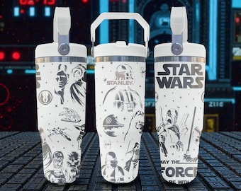 Star Wars Engraved Stanley Flip Straw Tumbler – Frost White – Galactic Sci-Fi Design – 20oz 30oz 40oz Stainless Cup