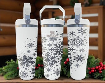 Engraved Snowflake Flip Straw Tumbler – Frost White Winter Design – 20oz 30oz 40oz Stainless Steel