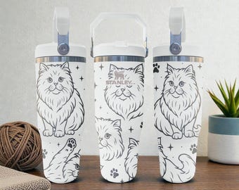Cat Engraved Stanley Flip Straw Tumbler – Frost White – Cute Feline Line Art – 20oz 30oz 40oz
