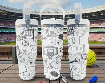 Vaso Stanley con pajita y grabado deportivo, color blanco escarcha, diseño del Día del Juego de las Estrellas, de acero inoxidable de 20, 30 y 40 oz.