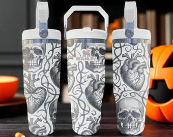Skulls and Hearts Flip Straw Tumbler – Engraved Anatomical Gift – Halloween Gothic Cup – 20oz 30oz 40oz
