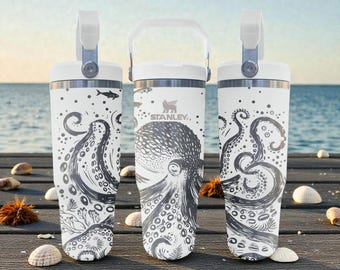 Octopus Gravierte Stanley Flip Strohbecher - Frost Weiß - Ocean Sea Life Design - 20 Unzen 30 Unzen 40 Unzen Edelstahlbecher