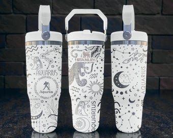 Wassermann gravierter Stanley Flip Strohbecher - Frostweiß - Sternzeichen Celestial Design - 20oz 30oz 40oz