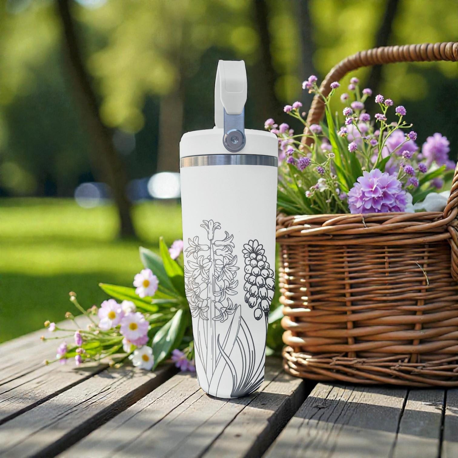 Hyacinth Floral Engraved Stanley Flip Straw Tumbler – Frost White