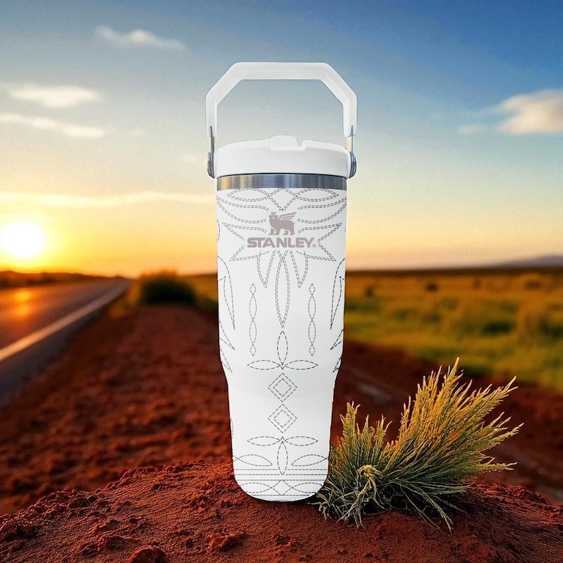 Western Boot Stitch Engraved Flip Straw Tumbler – Frost White – Country Cowgirl Style – 20oz 30oz 40oz Stainless Steel image 5