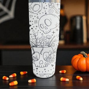 Cute Skulls Floral Tumbler – Engraved Halloween Flip Straw Cup – 20oz 30oz 40oz Stanley Style image 7