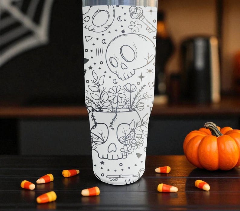 Cute Skulls Floral Tumbler – Engraved Halloween Flip Straw Cup – 20oz 30oz 40oz Stanley Style image 7